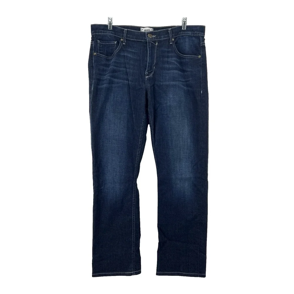 Paige Men Jeans Normandie Straight Leg Stretch Dark Wash Denim Blue Sz 34 38x31
